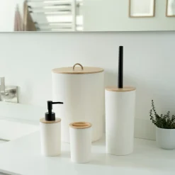 Baderomssett i hvit/bambus, 4 deler | Tilbehør Til Badet