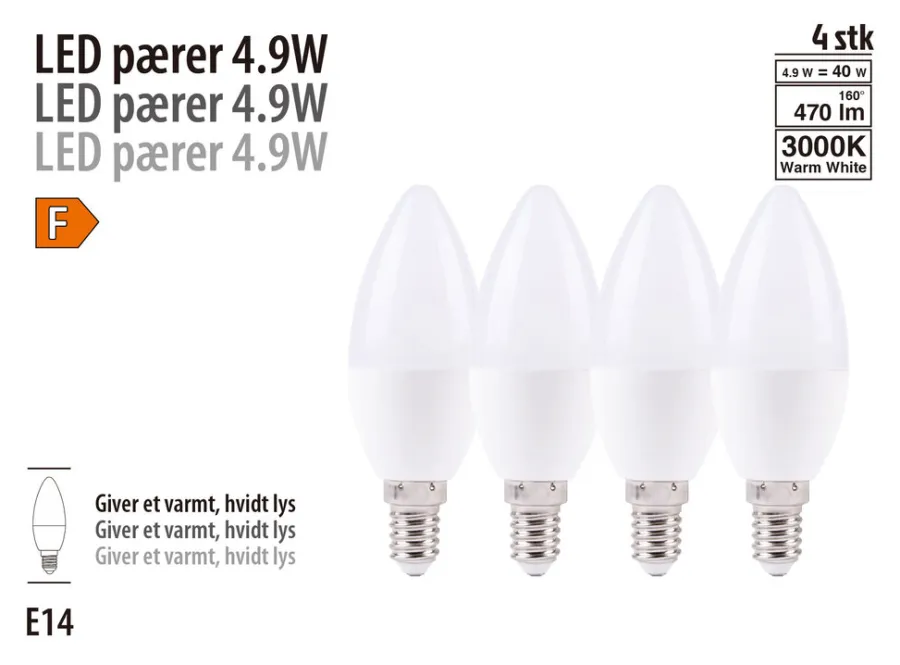 LED-pære 4-pk mignon E14 4,9 W | Led-Pærer