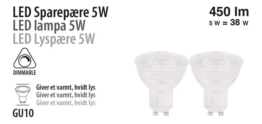 LED-spotpære 5 W GU10 dimbare - 2-pk. | Led-Pærer
