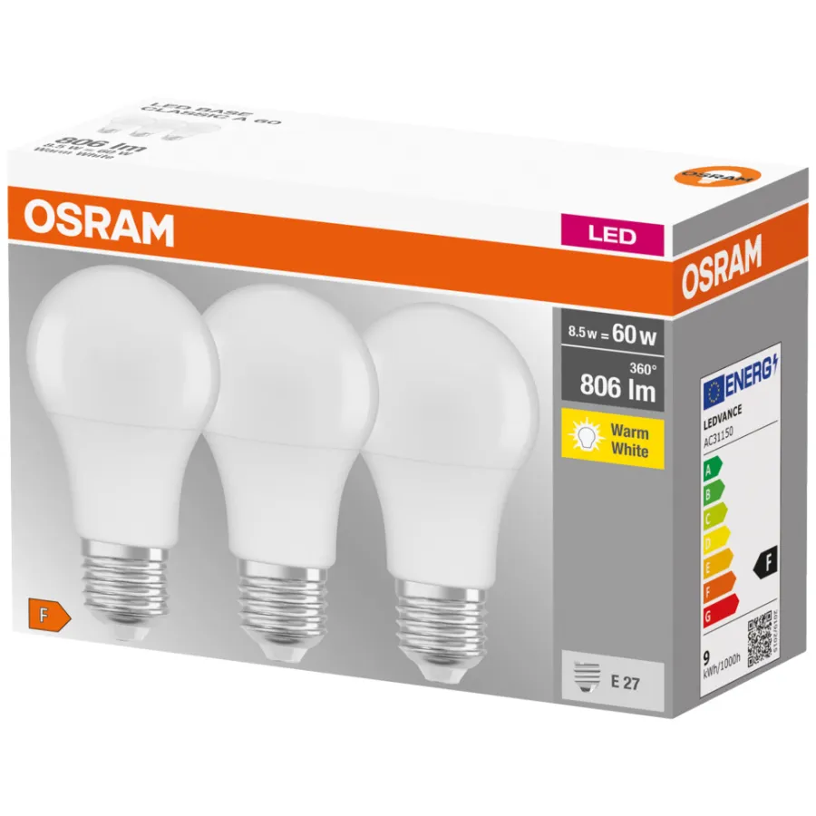 Osram LED standardpære E27 8,5 W 3-pk. | Led-Pærer