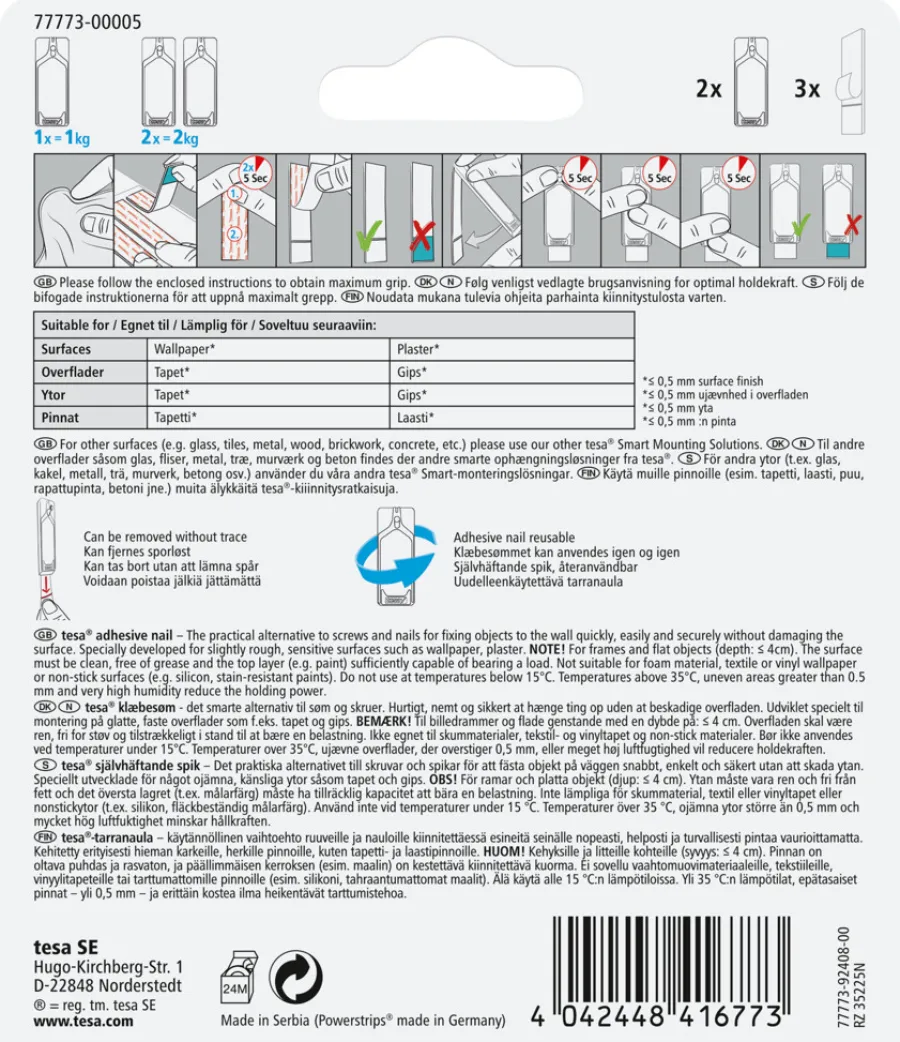 Tesa ® limspiker til tapet og gips 1 kg - 2 stk. | Limspiker